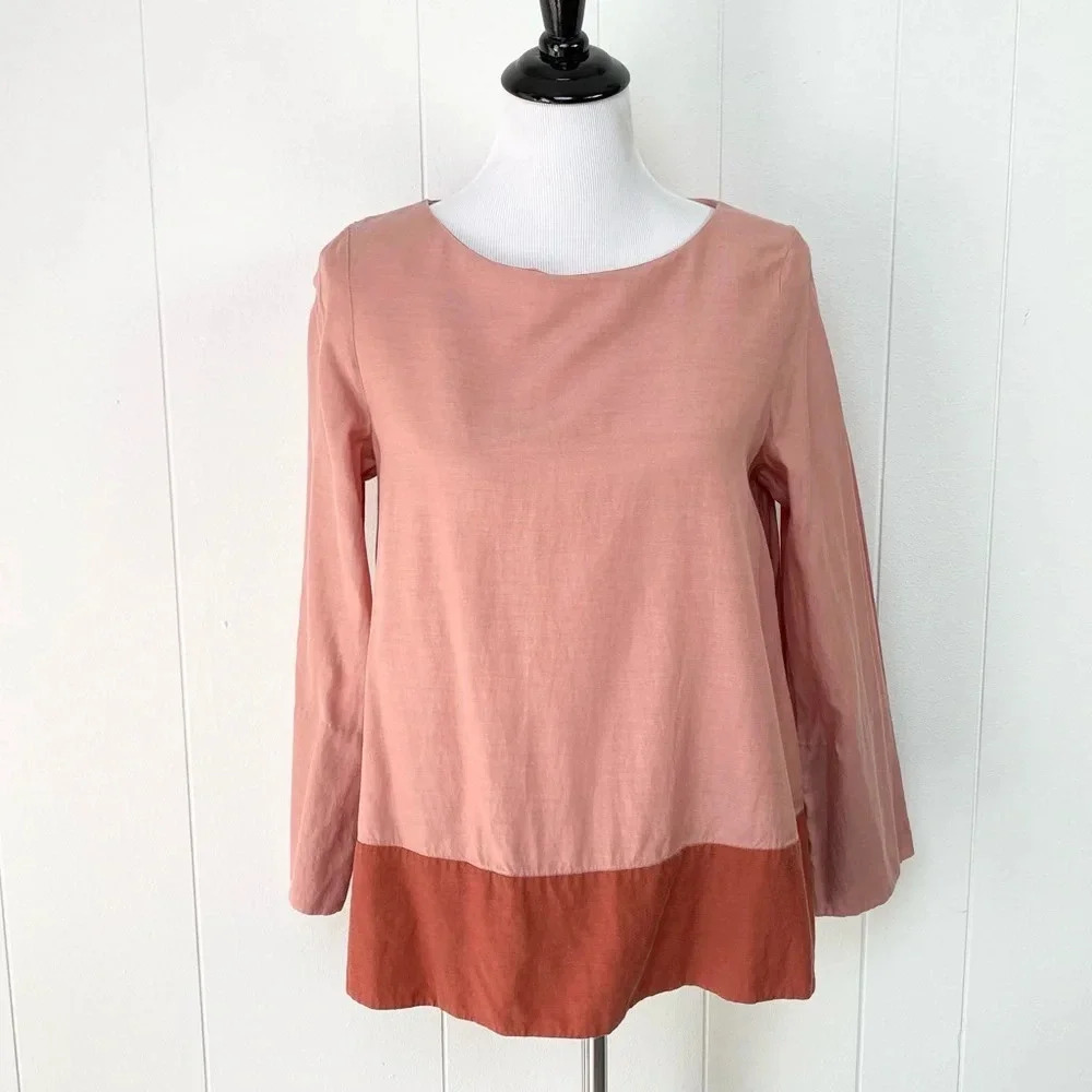 COS Womens Boxy 3/4 Sleeve Jumper Shirt Dusty Pink Salmon Coral 6 Colorblock